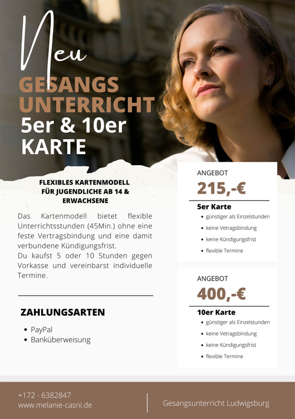 Vocalcoach, Ludwigsburg, Gesangsunterricht, 10er Karte